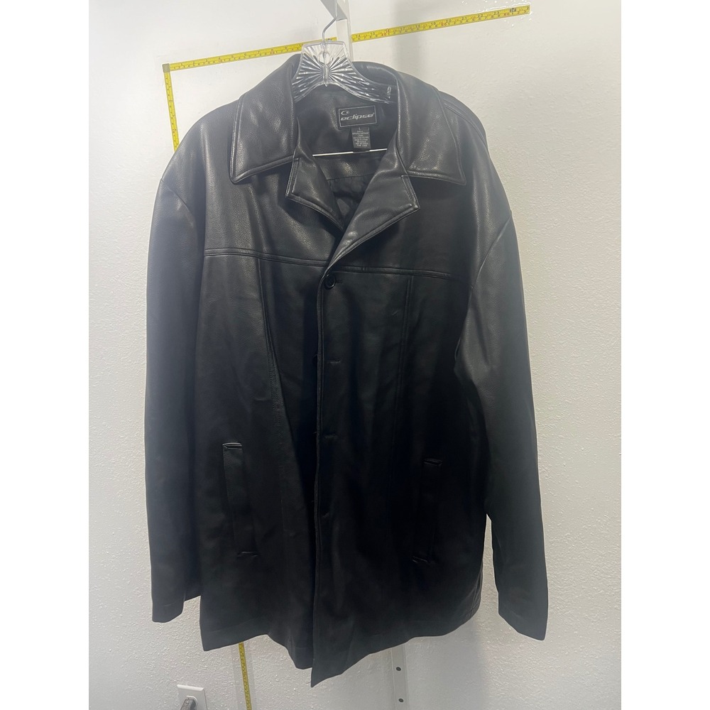 Eclipse Mens Black Faux Leather Car Coat Button Front Jacket Large RN 80509